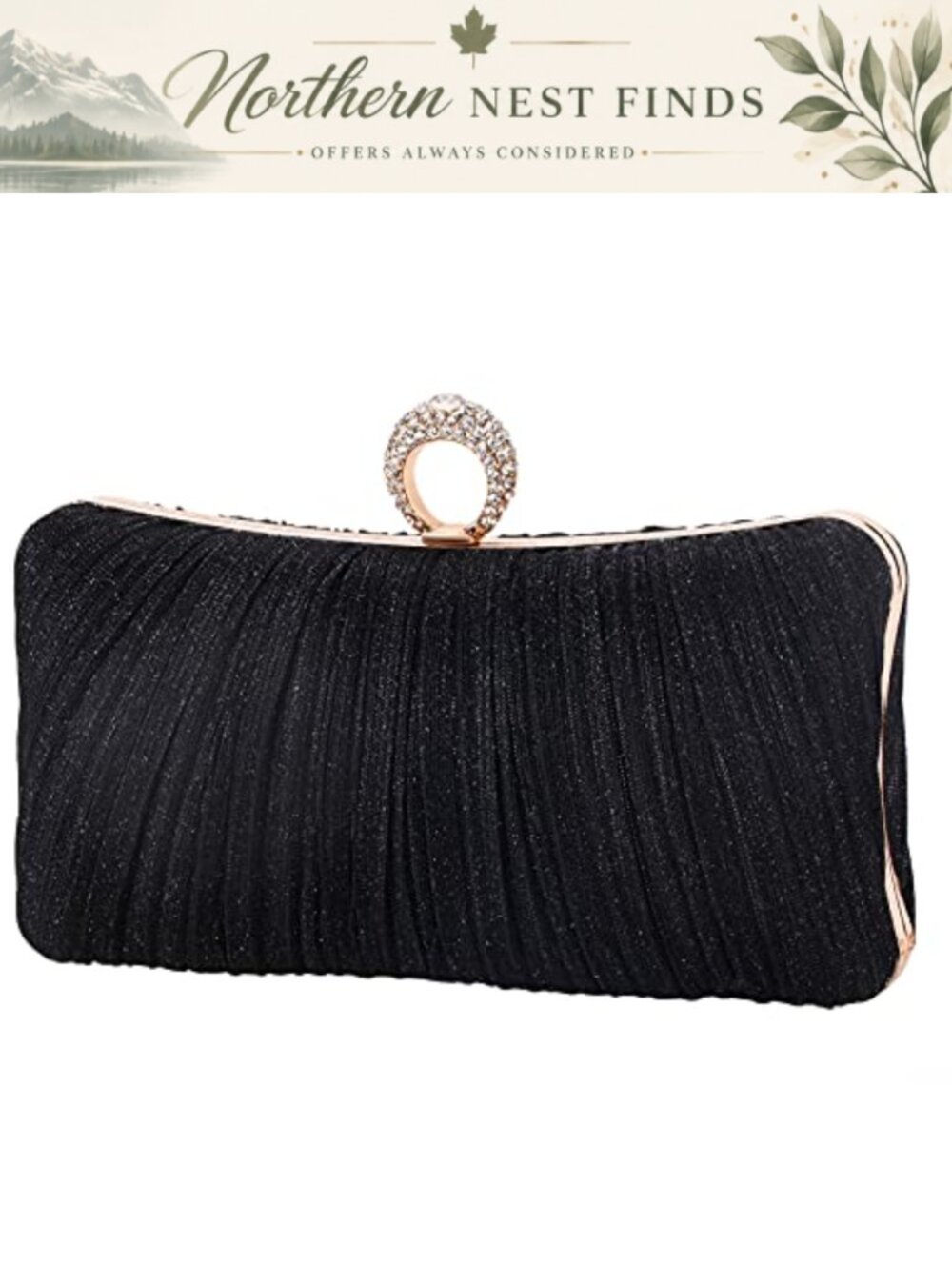 Glitter Clutch Purse Pleated Evening Bag Rhinestone Ring Women Formal